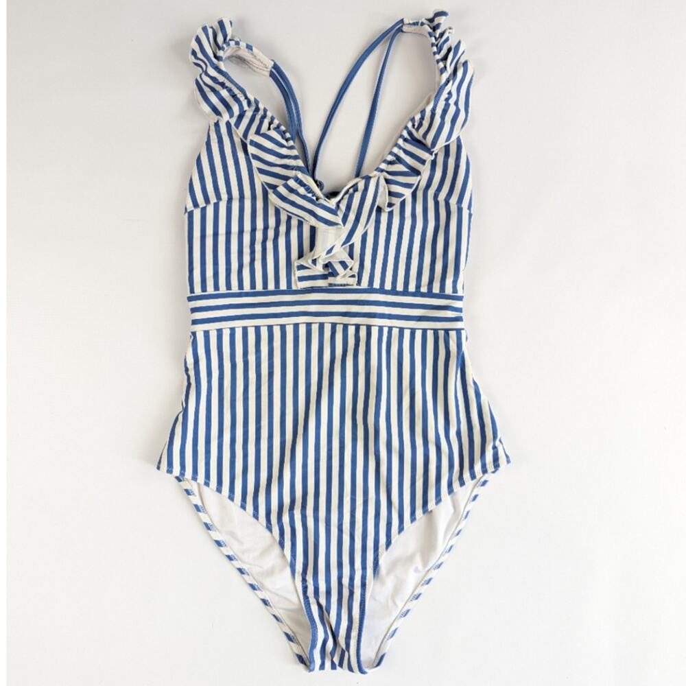 Cupshe Vertical Stripe Blue and White One Piece Ruffle Bathingsuit Sz Large